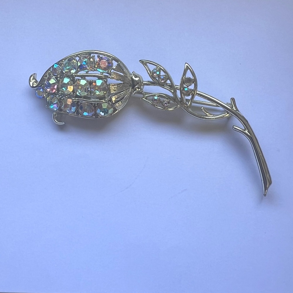 Vintage Coro Aurora Borealis Large Flower Long Stem Tulip Brooch - Picture 2 of 3
